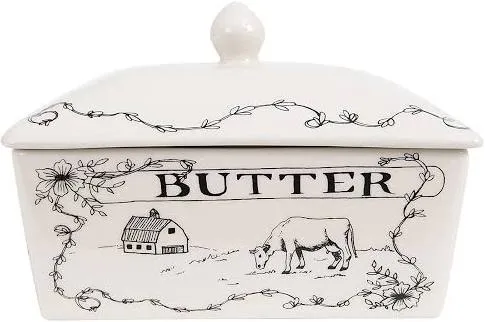 Creative Co-Op Country Style White &amp; Black Stoneware Butter Dish with Lid