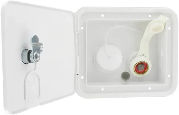 Valterra® A01-2000VP - 6-1/2&quot; H x 7-5/8&quot; W White Gravity/City Water Hatch with Key Lock Door &amp; 1/2&quot; MPT Brass Check Valve