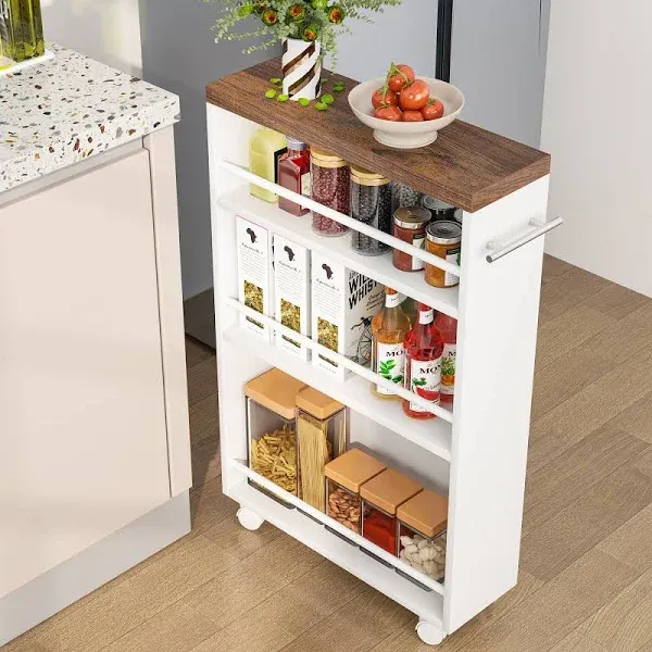 Tribesigns Wood Space Saving Rolling Storage Cart w/ Handle, Slim Kitchen Cart