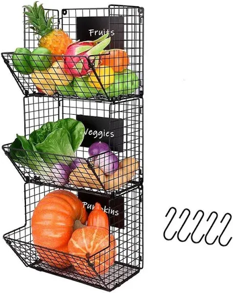 X-cosrack Metal Wire Basket Wall Mount, 3 Tier Wall Storage Basket Organizer with Hanging Hooks Chalkboards, Rustic Kitchen