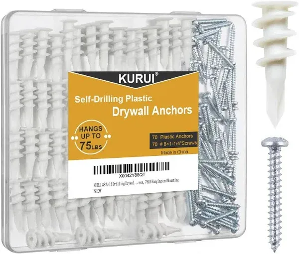 KURUI #8 Self Drilling Drywall Anchors, 140PCs Wall Anchors and Screws for Shelf Brackets, Mirror, Curtain Rods, 70 Self-Tapping/Threaded Plastic Sheetrock Anchors + 70#8 x 1-1/4'' Wood Screws, 75 Lb