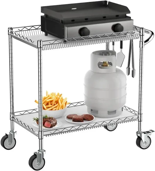  Outdoor Grill Table, Heavy Duty 900LBS Grill Cart on Wheels, NSF 2 Tier Black