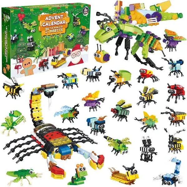 Laoyebaohao Advent Calendar 2024 Kids Christmas Building Blocks Insects Collection Series Countdown Calendar 12-in-1 Building Block Toys for Boys and Girls