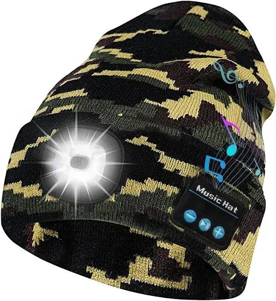 Unisex Bluetooth Beanie Hat with LED Light,USB Rechargeable Headlamp Cap with Headphones, Built-in Stereo Speakers & Mic Winter Knitted Night Lighted Musical Hat for Hiking, Biking, Camping