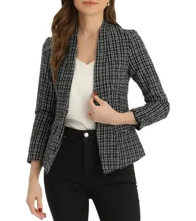 Allegra K Women's Long Sleeve Open Front Work Office Plaid Tweed Blazer