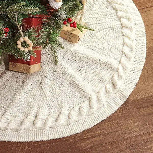 Sattiyrch Christmas Tree Skirt 48 Inches Luxury Cable Knit Knitted Thick Rustic Xmas Holiday Decoration