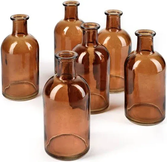 Serene Spaces Living Bud Vases, Apothecary Jars, Decorative Glass Bottles, Centerpiece for Wedding Reception, Mini Flower Vases, Small Medicine Bottles for Home Decor (Amber, Set of 6)