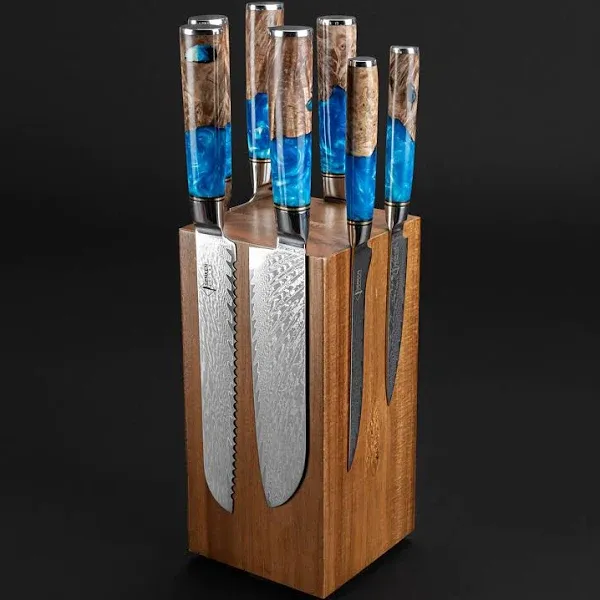 Rotating Magnetic Knife Block with Steak Knife Slots - Acacia Hardwood Knife Storage - Holds up to 14 knives - Space Saver Countertop Block