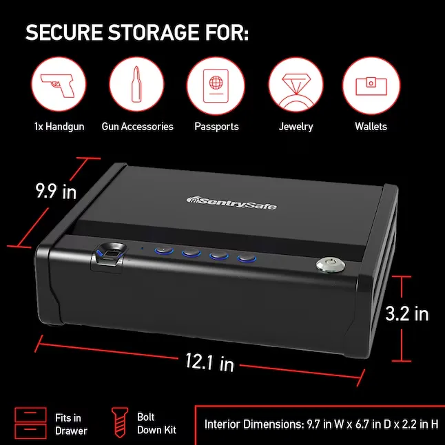 SentrySafe Quick Access Biometric Pistol Safe 1-Gun Biometric Gun Safe with Interior Lighting in Black | QAP1BLX