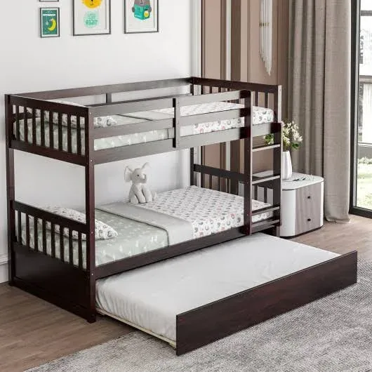 Costway Twin Over Twin Pull-Out Bunk Bed with Trundle and Wooden Ladder