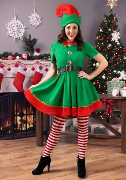 Adult Holiday Elf Costume, Women's Elf Outfit with Elf Dress, Hat, and Belt, Christmas Costume for Women