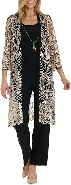 R & M Richards Womens 3-Pc. Embellished Jacket, Top & Pants Set - Black/Gold