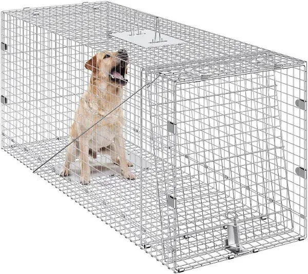 VEVOR Live Animal Cage Trap, 50" x 20" x 26" Humane Cat Trap Galvanized Iron, Folding Animal Trap with Handle for Stray Dogs, Armadillos, Raccoons, Marmots, Foxes