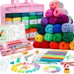 Inscraft Crochet Yarn Kit for Beginners Adults and Kids, Includes 1650 Yards 30 Colors Acrylic Skeins, User Manual, Hooks, Pink Bag etc, Make