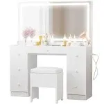 Ironck Vanity Desk with LED Lighted Mirror & Power Outlet, 7 Drawers Makeup Vanities Table with Stool, for Bedroom, White