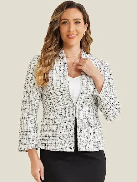 Allegra K Women's Plaid Tweed Long Sleeve Open Front Work Office Jacket