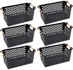 6 Pack Plastic Storage Basket Black Organizer Bin with Handles for Home Office