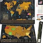 Scratch Off World Map Poster - 17x24 Inches - Bonus United States Map. Detailed Outlined States, flags/capitals/populations/landmarks/monuments/time