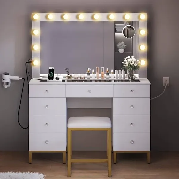 YITAHOME Vanity Desk Set, with Large LED Lighted Mirror Magnifying Glass & Power Outlet, 9 Drawers Makeup Vanities Dressing Table with Stool, White