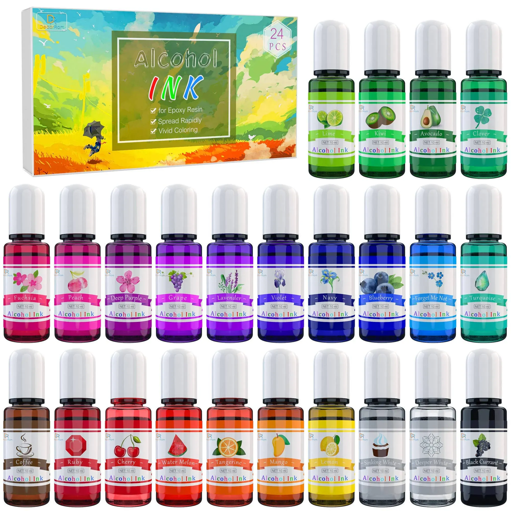 Decorrom 24 Vibrant Colours Alcohol-Based Ink For Resin Petri Dish Making