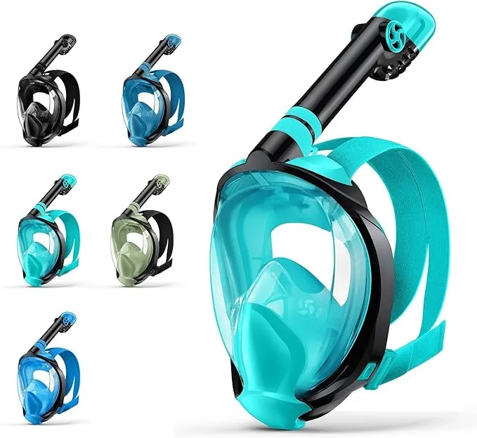 Full Face Snorkel Mask, Snorkeling Gear for Adults Diving Mask Anti Fog Premium Innovative Safety Breathing System, 180 Panoramic Foldable Anti Leak Swimming Mask with Detachable Camera Mount