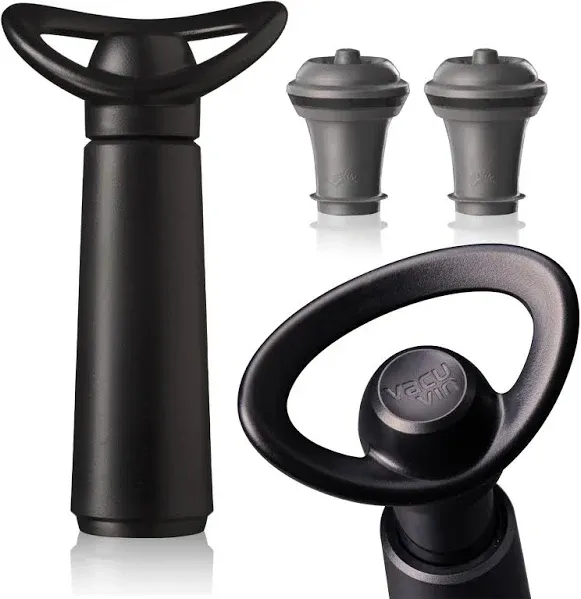 Vacu Vin Wine Saver Pump Black with Vacuum Wine Stopper - Keep Your Wine Fresh for Up to 10 Days - 1 Pump 2 Stoppers - Reusable - Made in The