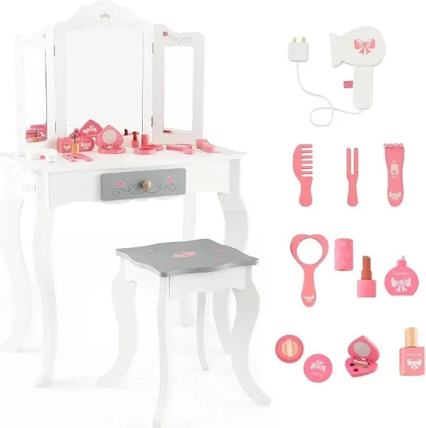 INFANS Kids Vanity, 2 in 1 Princess Makeup Desk Set, Wooden Dressing Table, Pretend Play Vanity Set