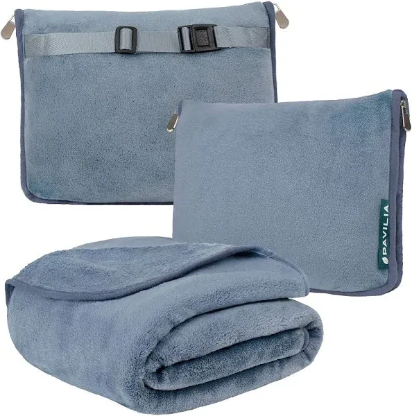 PAVILIA Travel Blanket and Pillow, Dual Zippers, Clip On Strap, Warm Soft Fleece