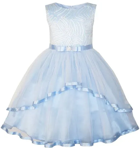 Sunny Fashion Flower Girls Dress Blue Belted Wedding Party Bridesmaid Size 4-12