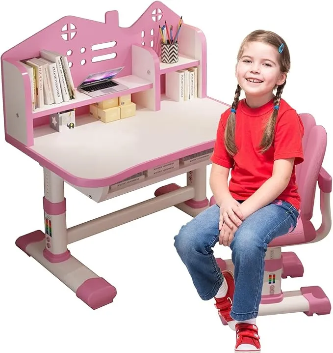 Kids' Table Chair Sets, Kids' Desks Chair, Children Study Desk Writing Table Computer Workstation With Large Storage Drawer And Bookshelf, Height Adjustable Kids Bedroom Furniture ( Color : Pink )