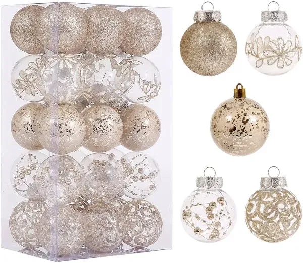 30ct Christmas Ball Ornaments-60mm/2.36" Shatterproof Clear Plastic Xmas Balls Baubles Set with Stuffed Delicate Sparkling, Hanging Christmas Tree Decorations (Red)