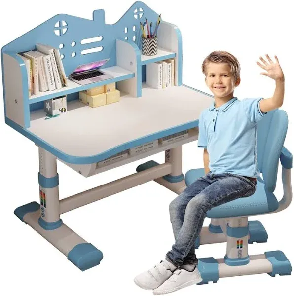 WGLAWL Kids' Table Chair Sets, Kids' Desks Chair, Children Study Desk Writing Table Computer Workstation With Large Storage Drawer And Bookshelf