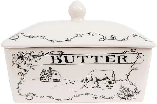 Country Stoneware Butter Dish with Lid &#034;Spread the Love&#034; Message and Farm Line