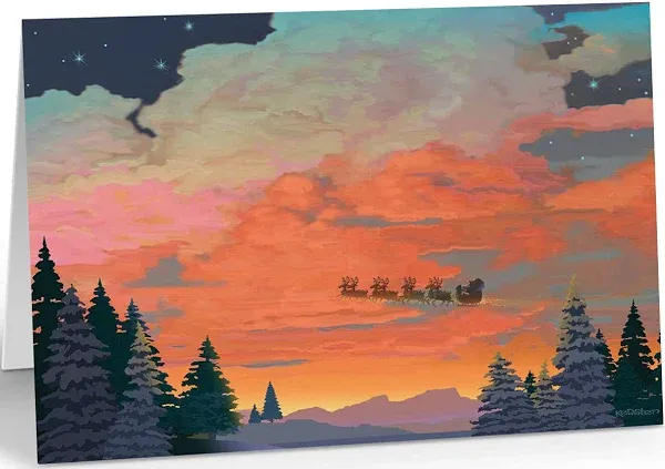 Stonehouse Collection Forest Sunset Santa - 18 Christmas Cards & Envelopes - Flying Sleigh (Standard)