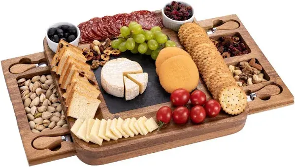 HBlife Acacia Slide-Out Drawer Cheese & Charcuterie Board with Knife Set - Wine and Cheese Platter, Housewarming & Wedding Gift