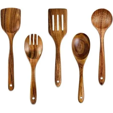 5 PCS Wooden Spoons for Cooking Natural Teak Kitchen Utensils Smooth Non-Stic...