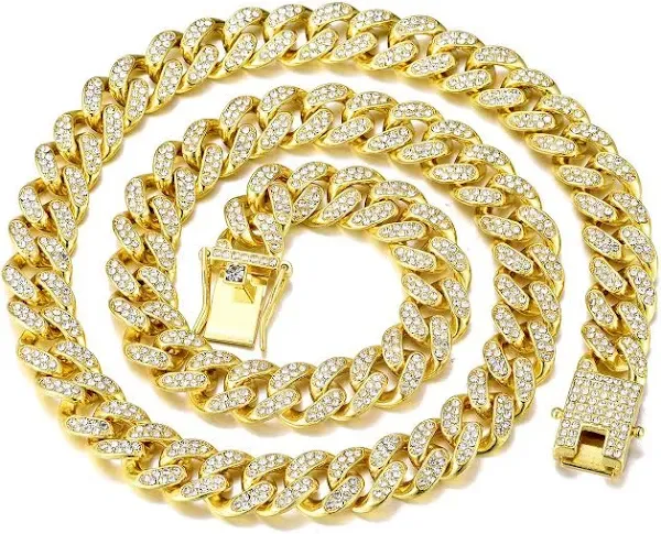 FEEL STYLE Mens Cuban Link Chain Gold Silver Plated Bling Miami Cuban Necklace Diamond Chain for Men 13MM Iced Out Hip Hop Jewelry 18-24inch