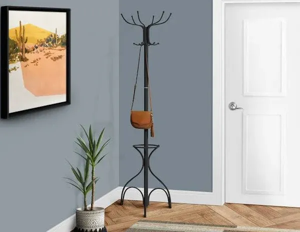 Coat Rack, Hall Tree, Free Standing, 12 Hooks, Entryway, 70"H, Umbrella Holder, Bedroom, Black Metal, Transitional