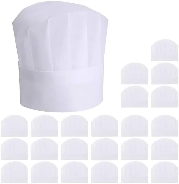 24 Pack Chef Hats for Kids, Adults - Bulk Adjustable Disposable Bakery Hats for Cooking, Baking, Pizza Party, Hibachi Party Decorations (White)