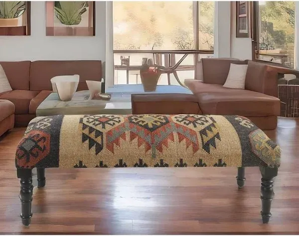 Rustic Southwestern Style Indoor Bench Colorful Geometric Pattern Fabric Seat