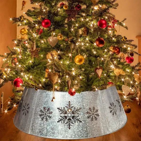 15.5" Galvanized Christmas Tree Collar, Snowflake Diecut Metal Christmas Tree Collars for Artificial Trees, Beautiful Tree Collar for Pencil Tree Decorates Your Home for The Holidays