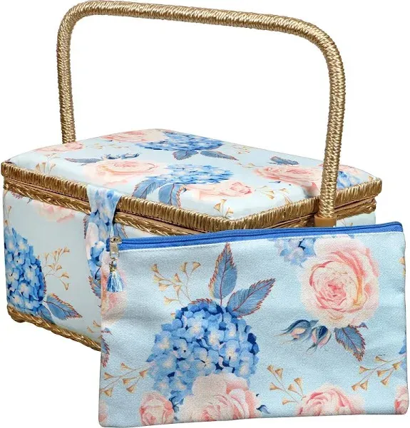 Singer Large Blue Hydrangeas Print Sewing Basket with Matching Zipper Pouch