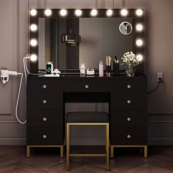 YITAHOME Vanity Desk Set with LED Lighted Mirror, Power Outlet, 14 Hollywood Lighted 9 Drawer