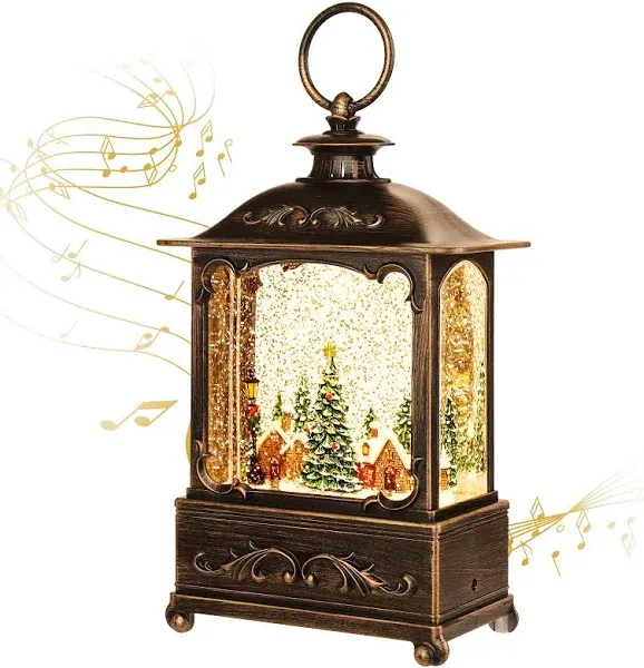 Christmas Snow Globe Lantern Christmas Decorations Water Glittering Lanterns with Music & Timer, USB Lined/Battery Operated Lighted Lantern for Christmas Festival Decoration Gifts (Skiing Snowman)