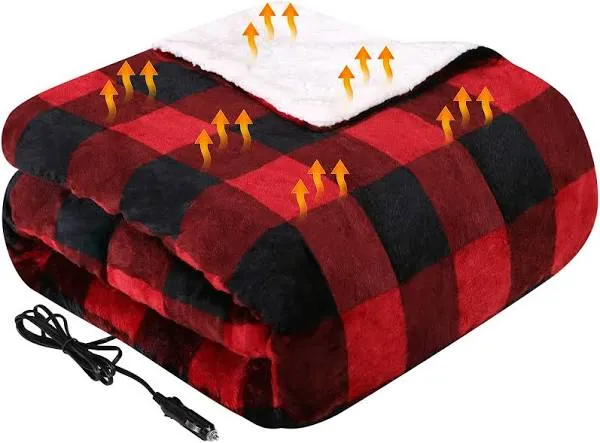 Westinghouse Heated Car Blanket, 12-Volt Electric Blanket for Car, Truck, SUV, RV, Portable Heated Throw for Camping, Red Buffalo Plaid, 59" x 43”