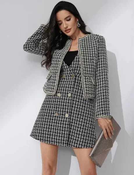 Allegra K Plaid Tweed Long Sleeve Open Front Work Office Cropped Jacket Blazer