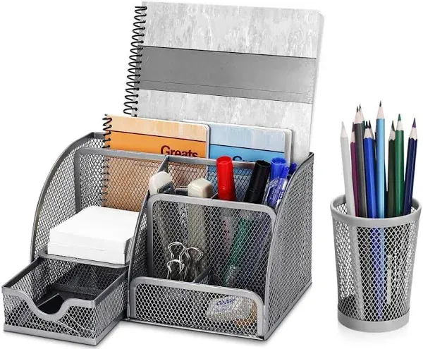 Flexzion Desk Top Caddy Organizer - Black Office Desk Accessories Organizer and Storage - Metal Mesh Desk with 6 Compartments, Drawer and Pen Holder