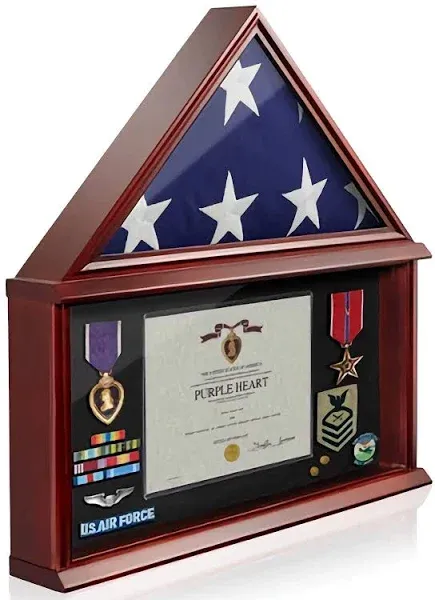 Reminded Large Military Shadow Box Memorial Flag Display Case fits 5' x 9' Flag, Solid Wood Mahogany Finish