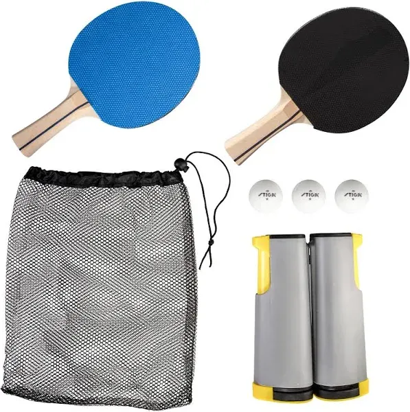 STIGA All-in-One Retractable Ping Pong Net Set - Includes 2 Ping Pong Paddles - 3 1-Star Balls | Mesh Storage Bag - Fits up to 72” Wide & 1.75” Thick Table - Clamp & Play on Any Surface