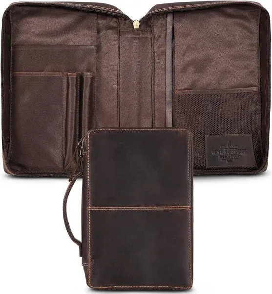 Hunter & Scribe Leather Bible Covers for Men and Women - Top Grain Buffalo Leather - Genuine Leather Bible Cover with Pockets, Zipper, and Bookmark - Bible case - Book Cover - Large Dark Brown